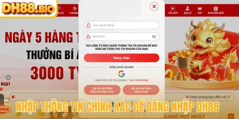 Nhập thông tin chính xác để đăng nhập DH88